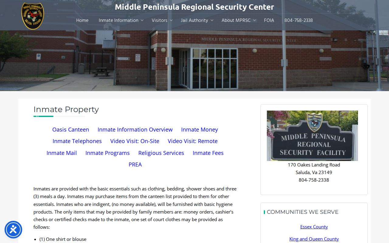 Middle Peninsula Regional Security Center transfer property release policy