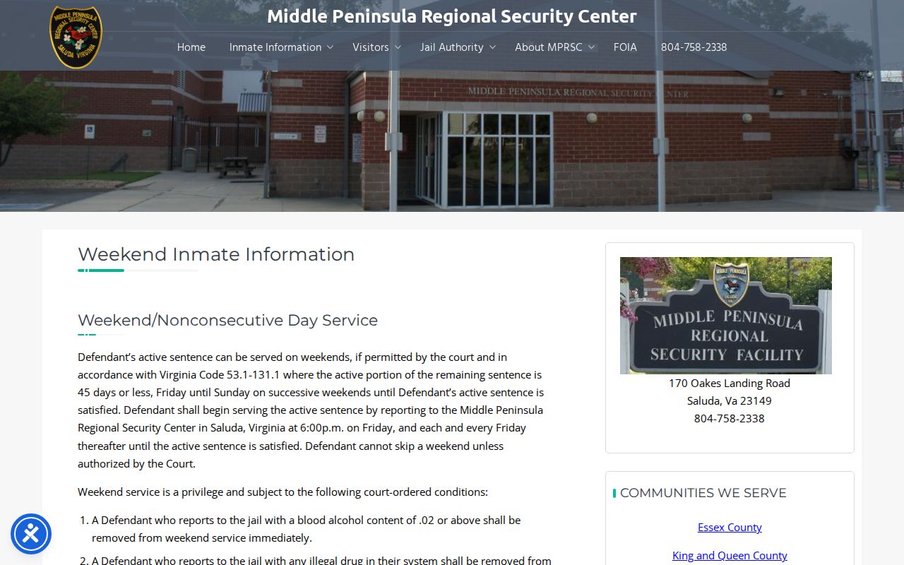 MPRSC weekend custody affecting King William County projected release