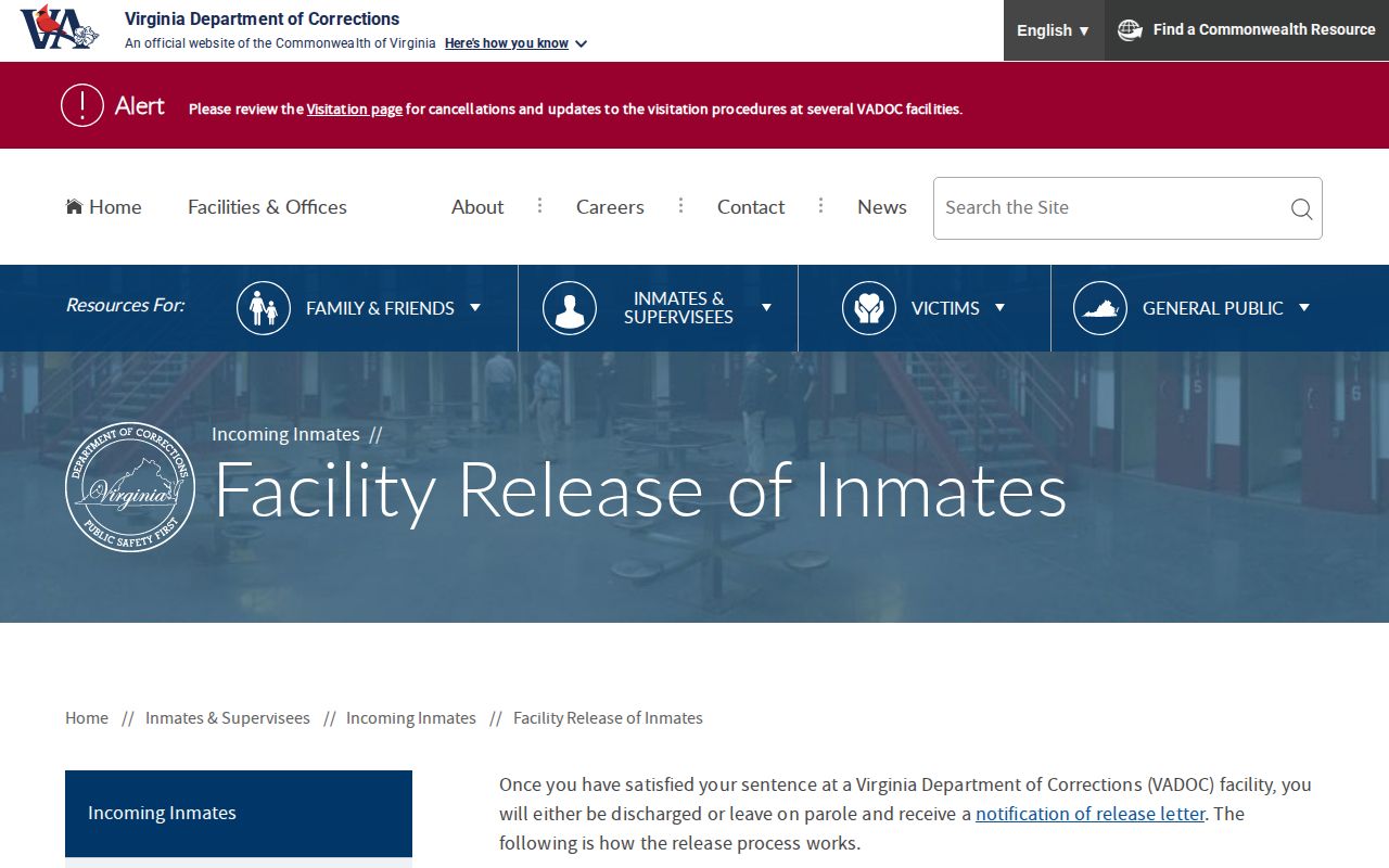 Virginia Department of Corrections state facility discharge and parole release process